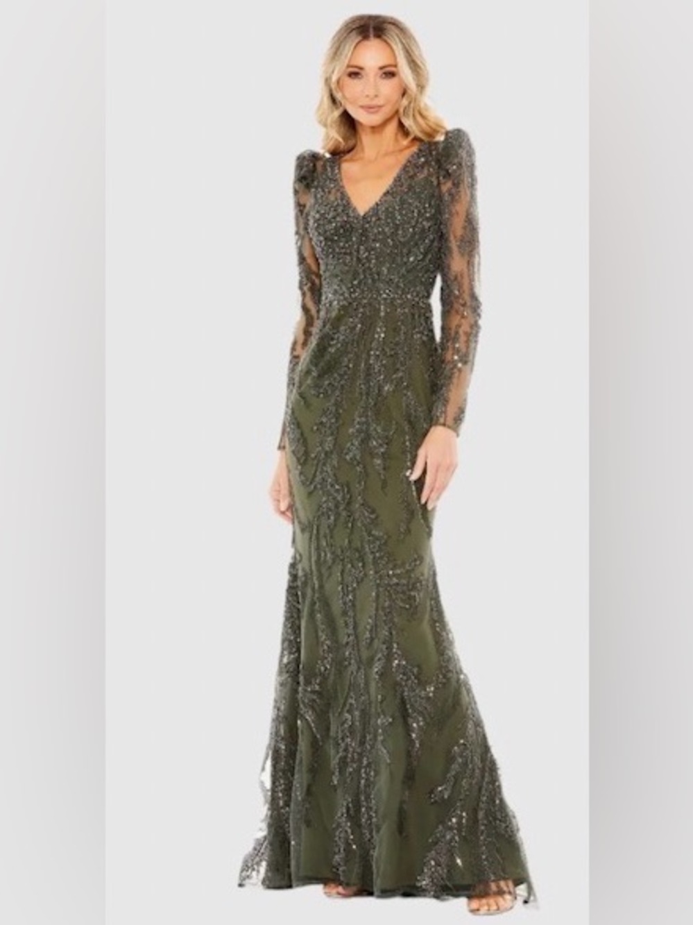 Mac Duggal Olive Beaded V-Neck Long Sleeve Evening Gown